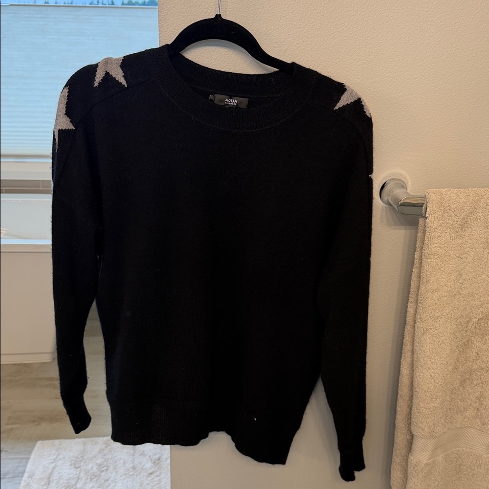 Aqua Cashmere Black Sweater with Gray Star Details